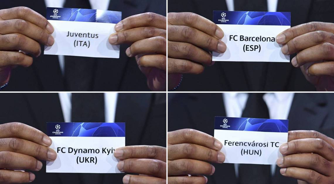 A combination of 4 handout pictures taken and released by UEFA on October 1, 2020, shows (fromTopL) cards of Juventus, FC Barcelona, FC Dynamo Kyiv and Ferencvarosi TC during the UEFA Champions League group G stage draw at the RTS studios in Geneva. (Photo by Harold Cunningham / UEFA / AFP) / RESTRICTED TO EDITORIAL USE - MANDATORY CREDIT