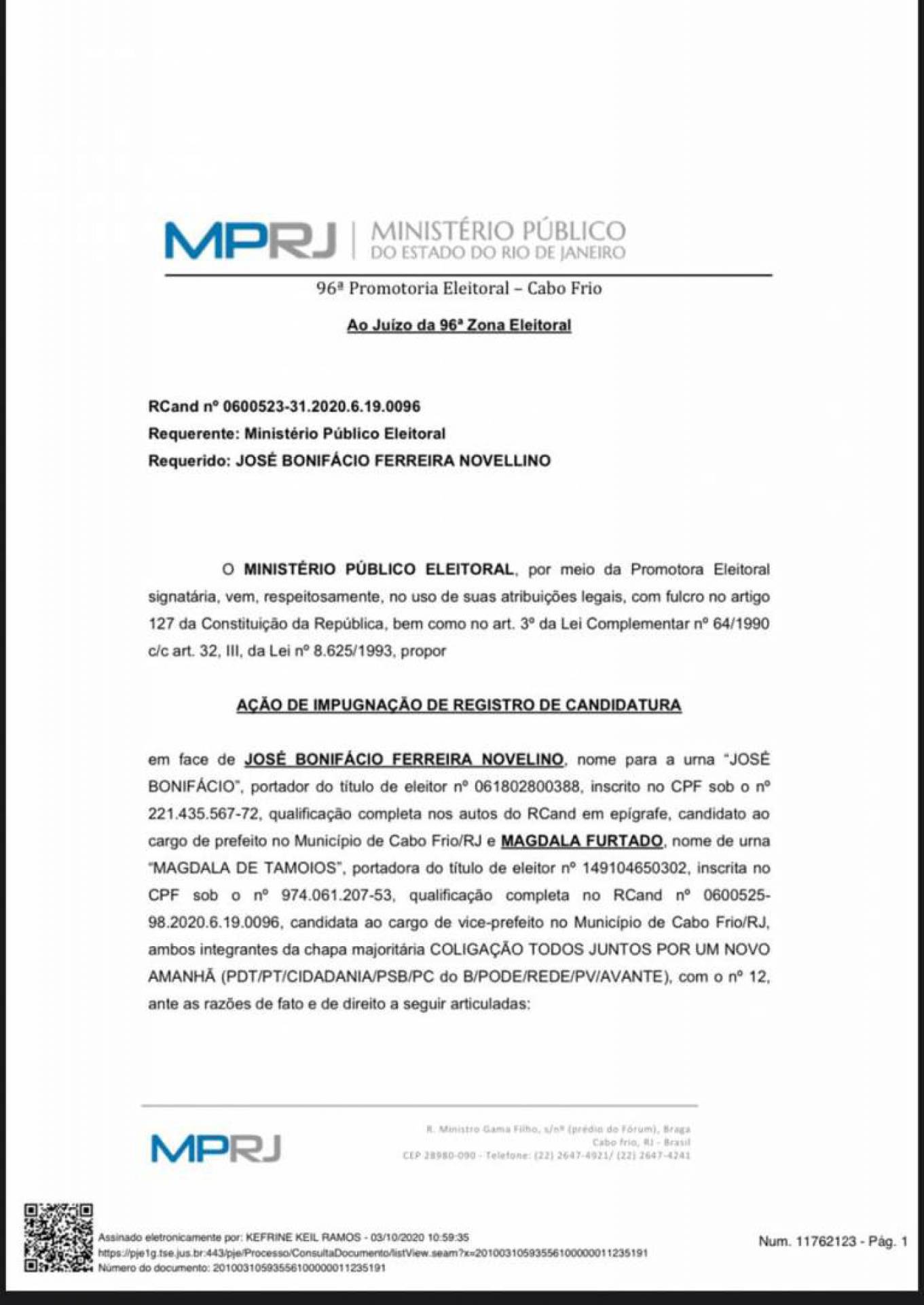 Ministério Público entra com ação de impugnação de candidatura do José Bonifácio do PDT em Cabo Frio 