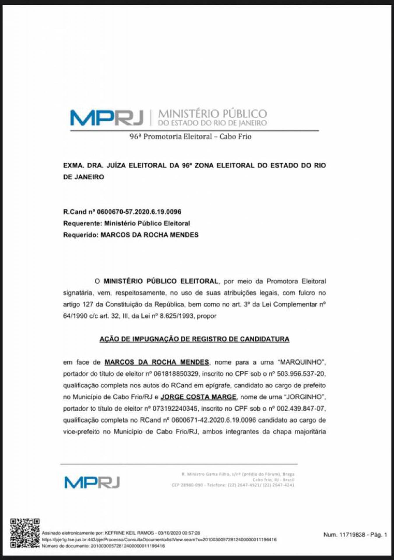 Ministério Público pede impugnação da candidatura de Marquinho Mendes do MDB 
