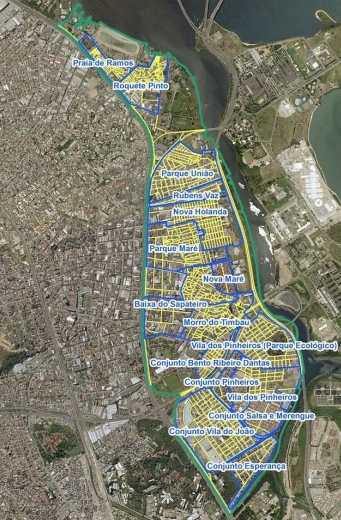 O mapa com as 16 comunidades da região - Acervo Museu da Maré