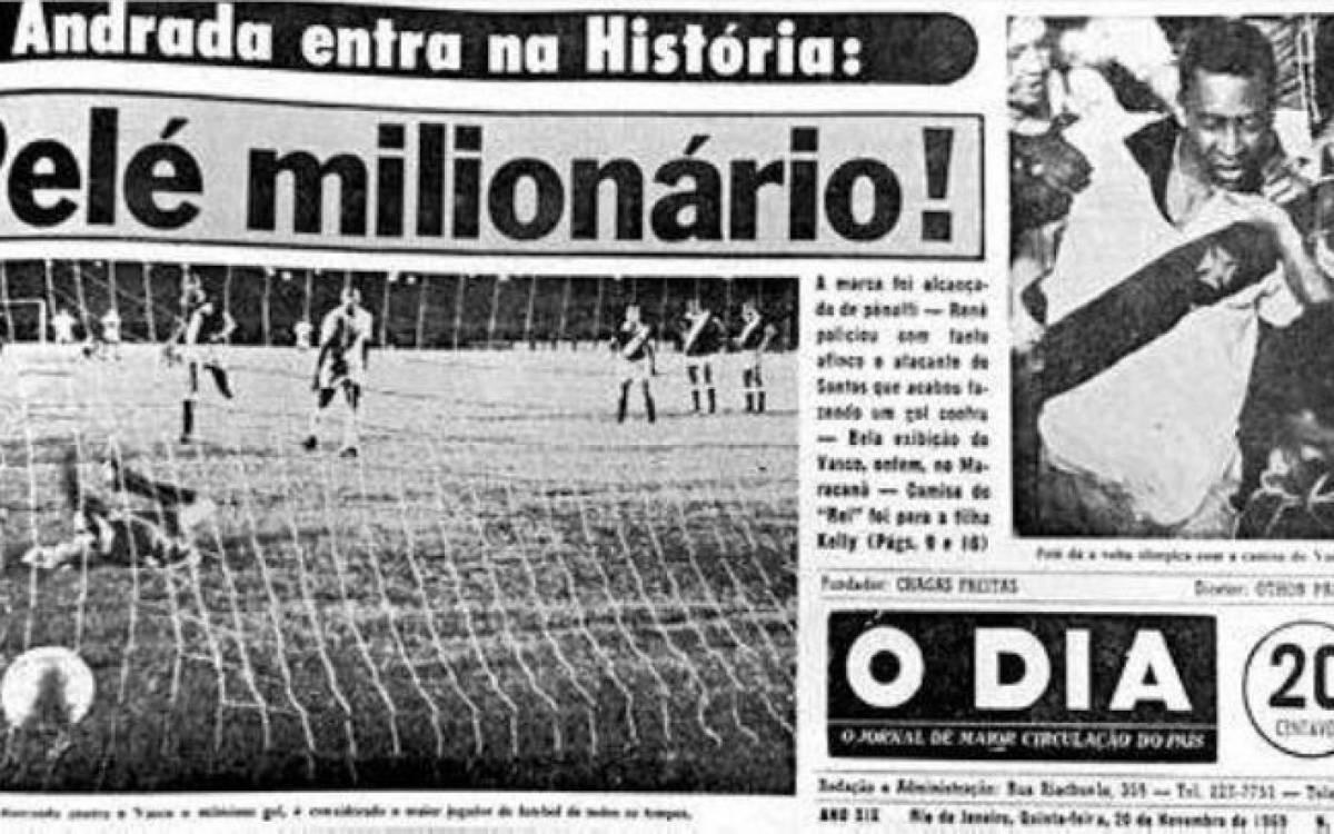 Capa do jornal O Dia em 20/11/1969 mostrando Pelé com a camisa do Vasco após marcar seu 1000º gol
