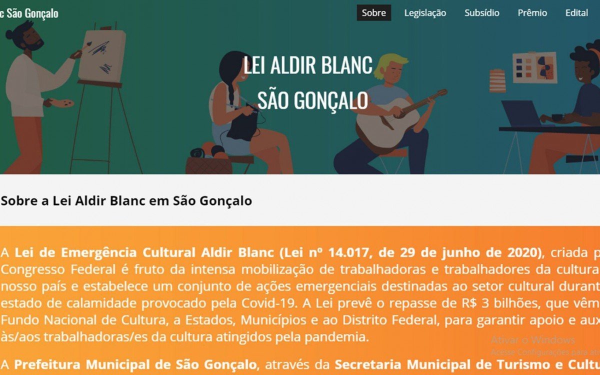 Imagem no site da Prefeitura de São Gonçalo sobre acesso ao subsídio criado pela Lei Aldir Blanc para a classe artística do município - Divulgação