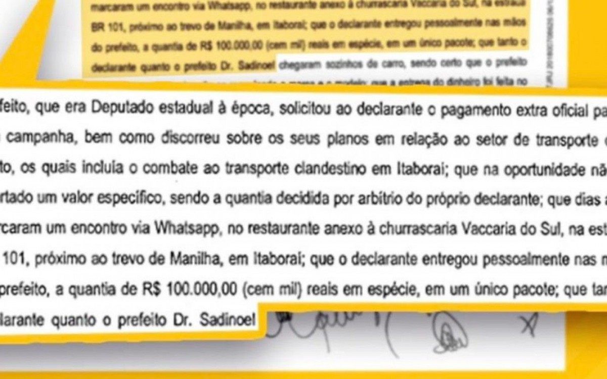 Documento do Ministério Público mostra recebimento de propina do atual Prefeito Sadinoel Souza - Foto: Divulgação