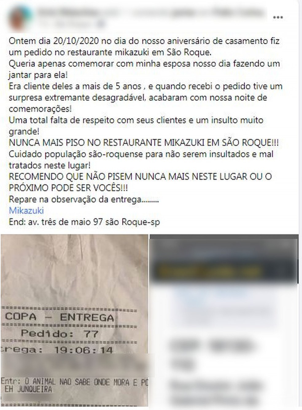 Cliente recebeu mensagem ofensiva em comanda de restaurante - Reprodução Facebook