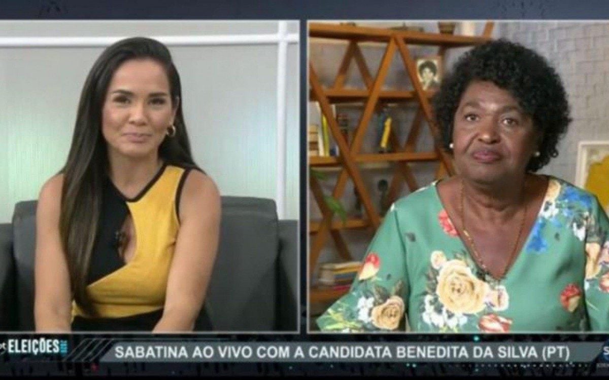 Candidata à Prefeitura do Rio pelo PT, Benedita da Silva, durante sabatina para o SBT News - Divulgação