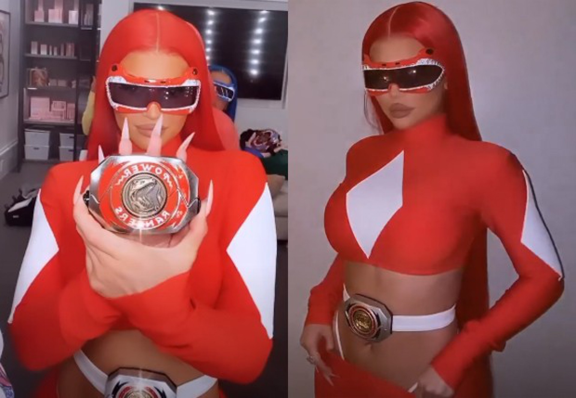Kylie Jenner, de vermelho, e amigos se fantasiam de Power Ranger para o Halloween - Reprodução Internet