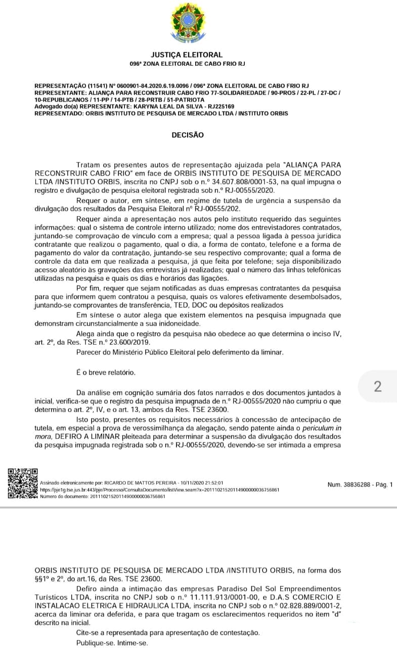 Pesquisa que apontava candidato do PDT na frente em Cabo Frio é impugnada pela Justiça Eleitoral por suspeita de fraude  - Justiça Eleitoral 