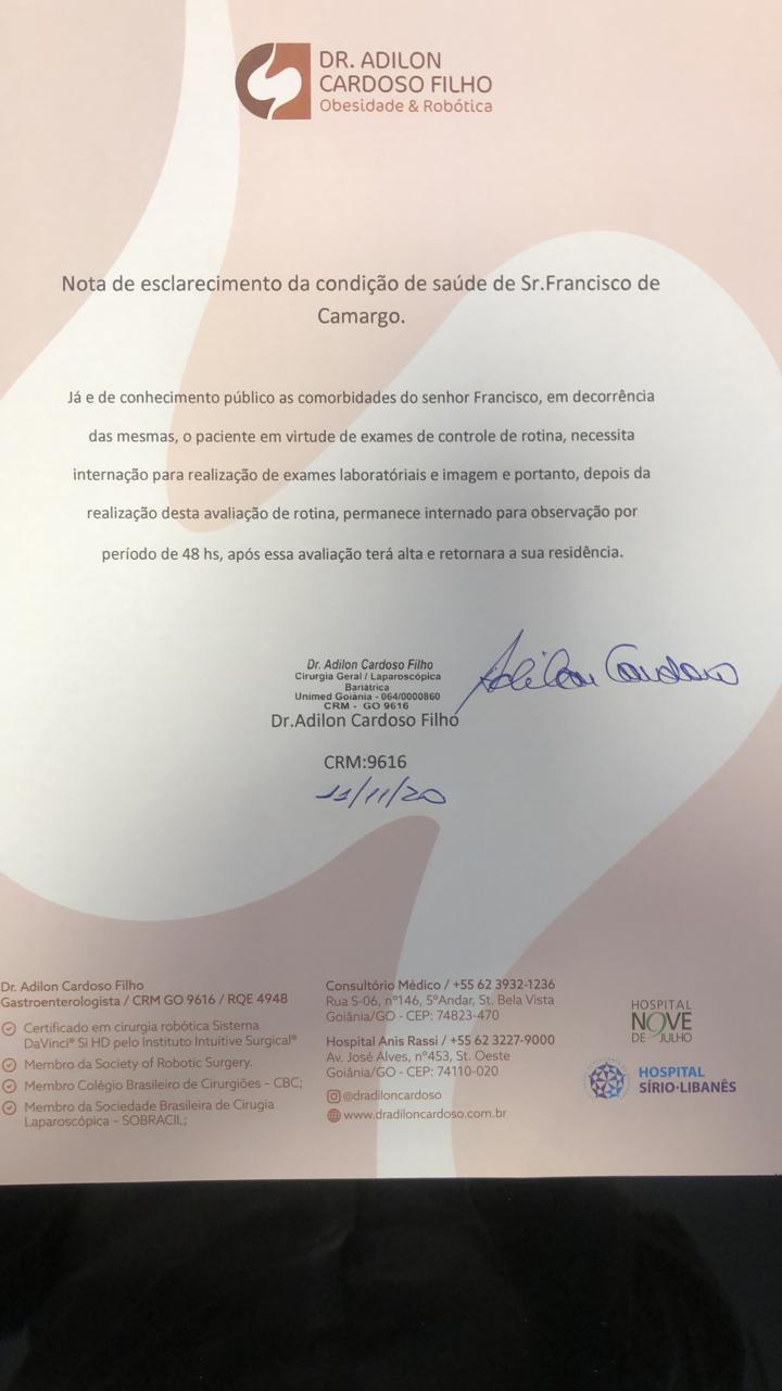 Boletim médico de seu Francisco, pai de Zezé di Camargo e Luciano