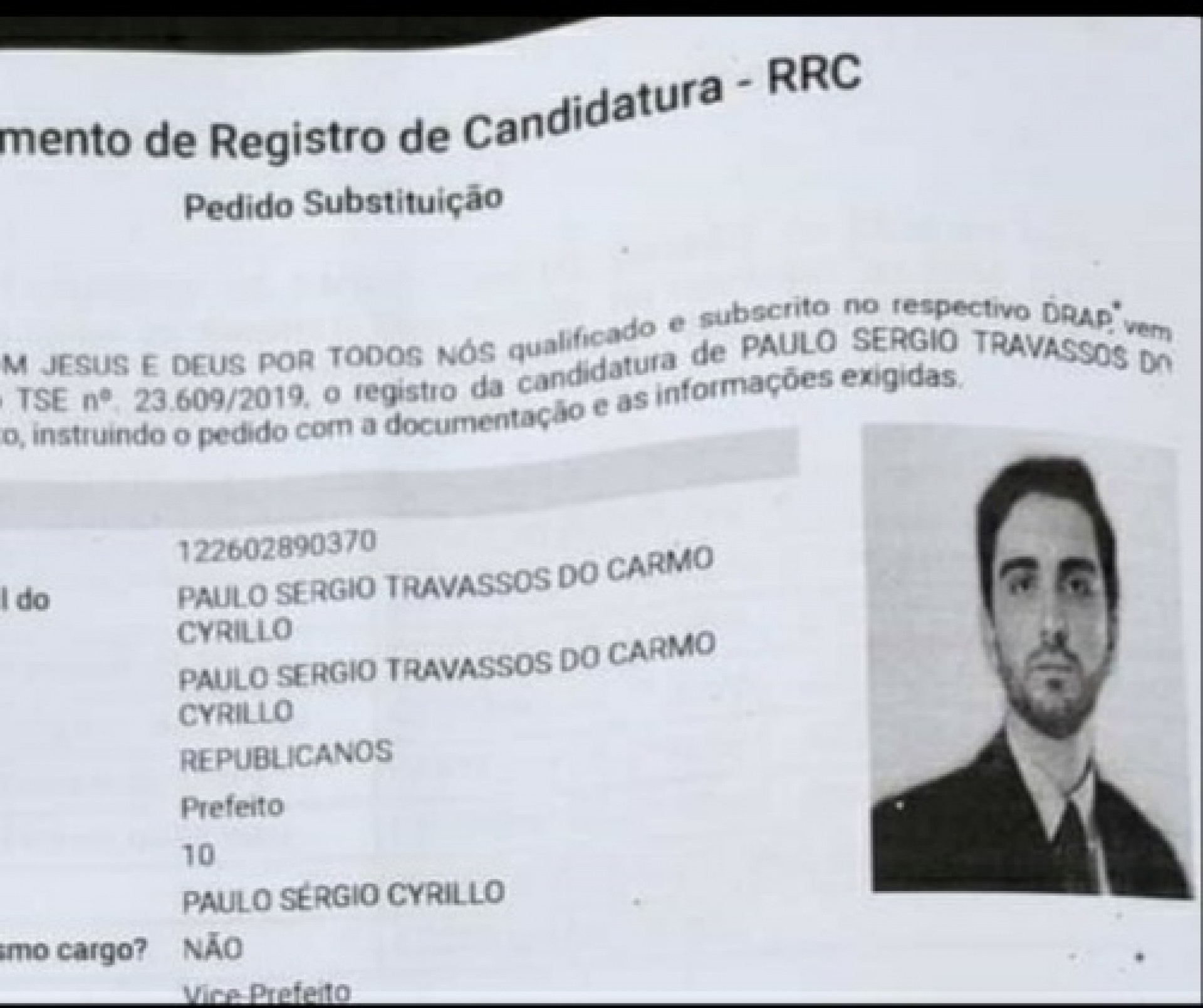 Paulo Sergio Travassos do Carmo Cyrillo teve seu nome incluído em um pedido de requerimento de registro de candidatura a prefeito em Bom jesus do Itabapoana. - Reprodução internet