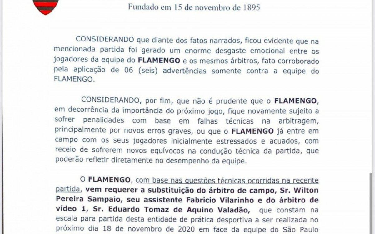 Petição Flamengo para troca de arbitragem

