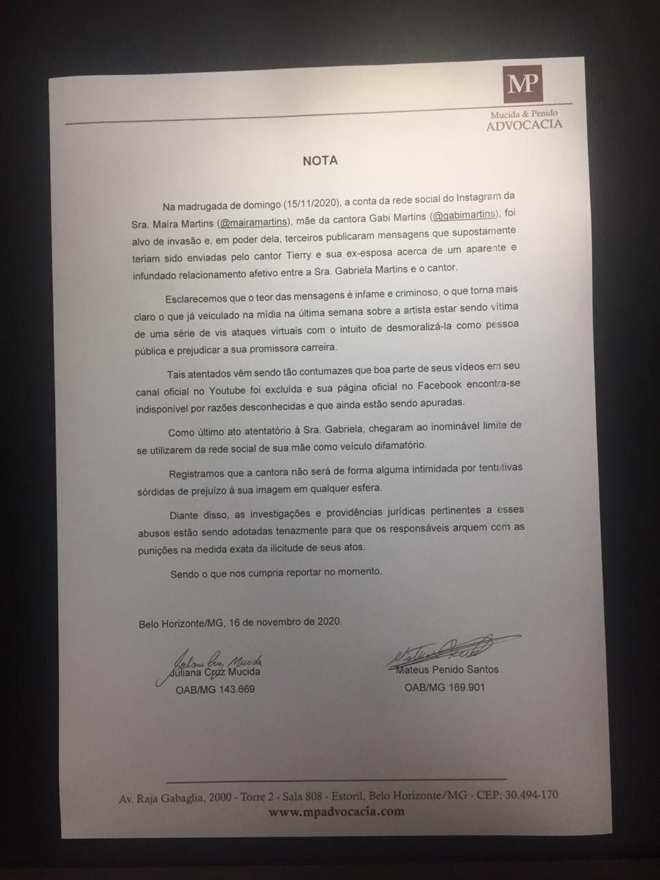 Nota dos advogados da família de Gabi Martins