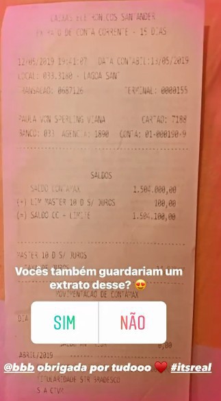Paula Sperling mostra extrato banc&aacute;rio milion&aacute;rio 