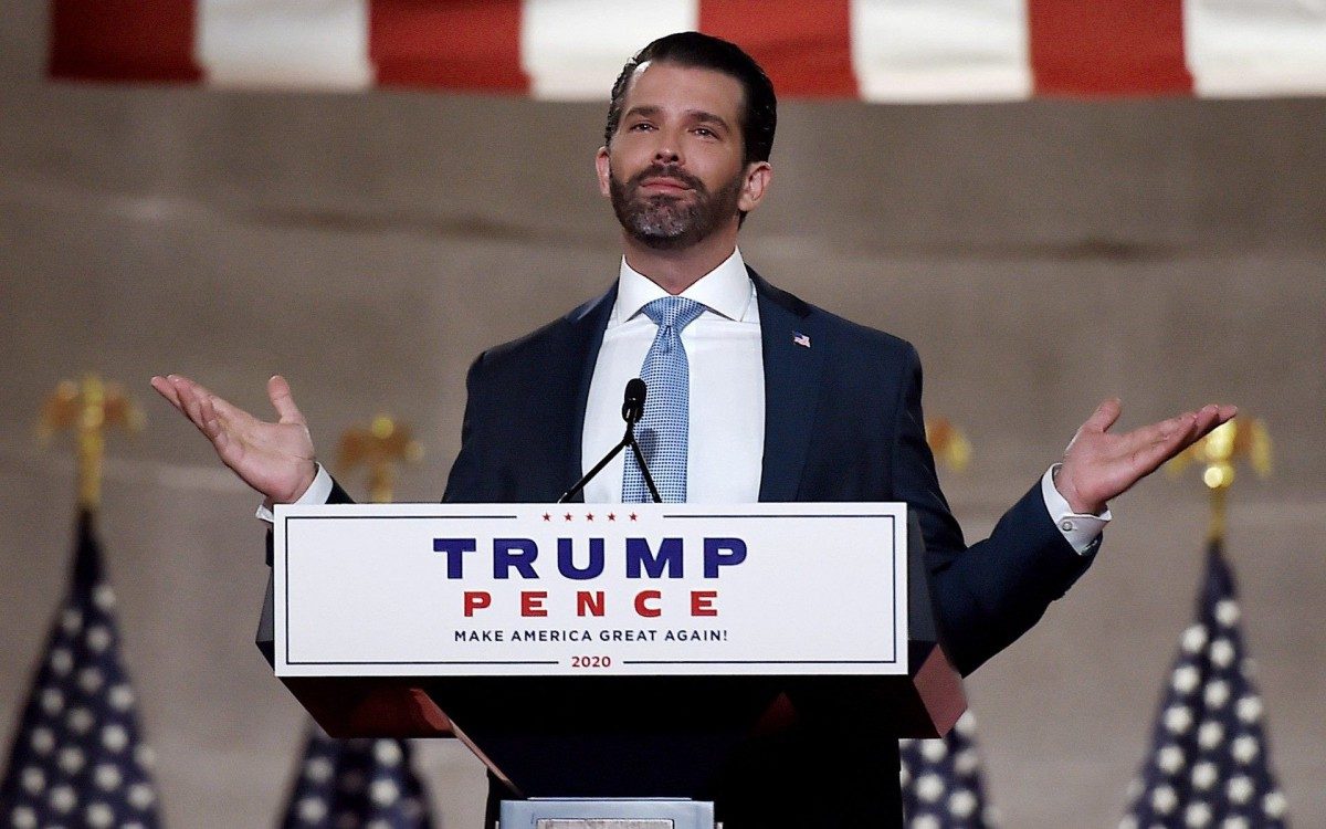 (FILES) In this file photo taken on August 24, 2020 Donald Trump Jr. speaks during the first day of the Republican convention at the Mellon auditorium in Washington, DC. - Donald Trump Jr., son of US President Donald Trump, has tested positive for Covid-19, his spokesman said on November 20, 2020. (Photo by Olivier DOULIERY / AFP) - AFP