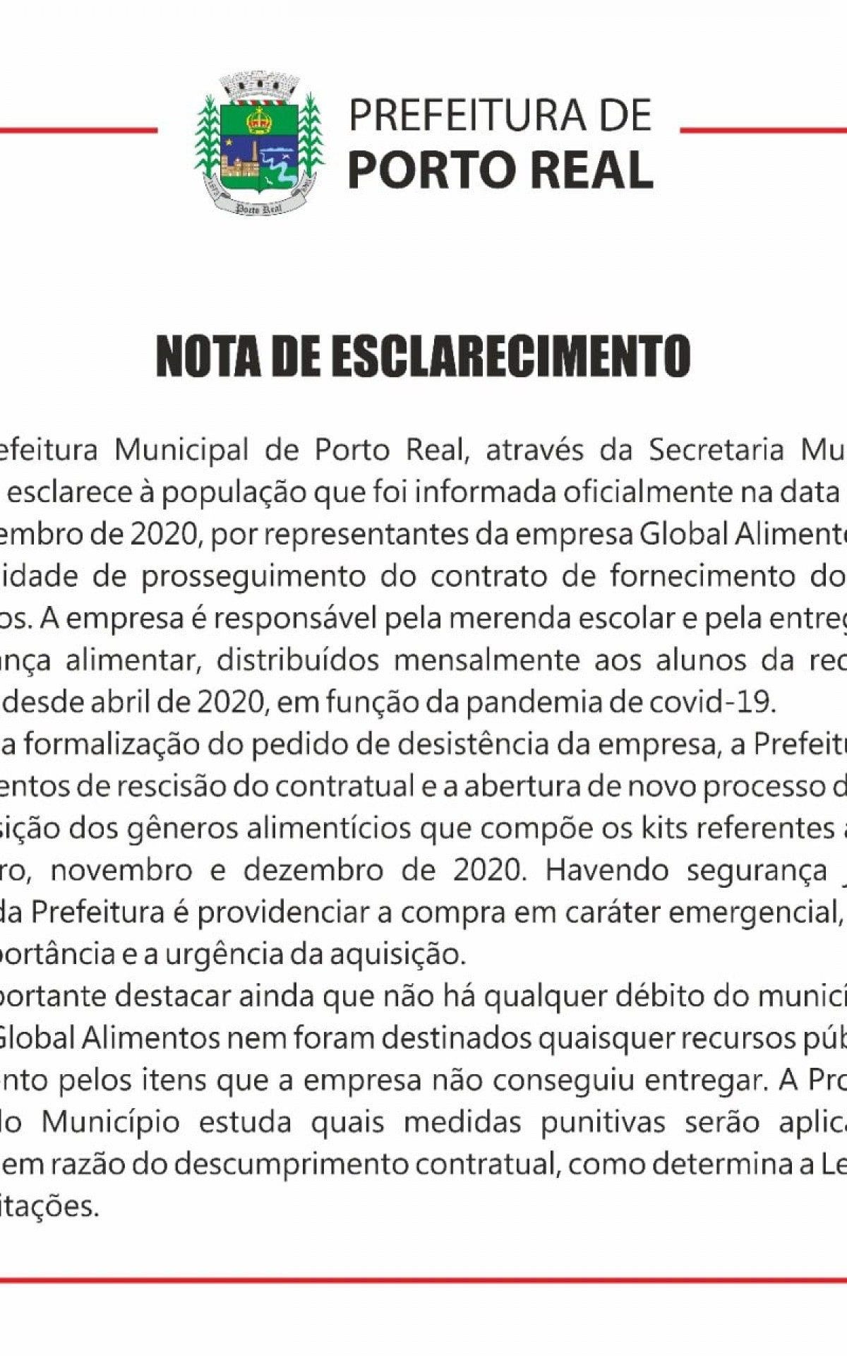 Nota divulgada na página da Prefeitura de Porto Real