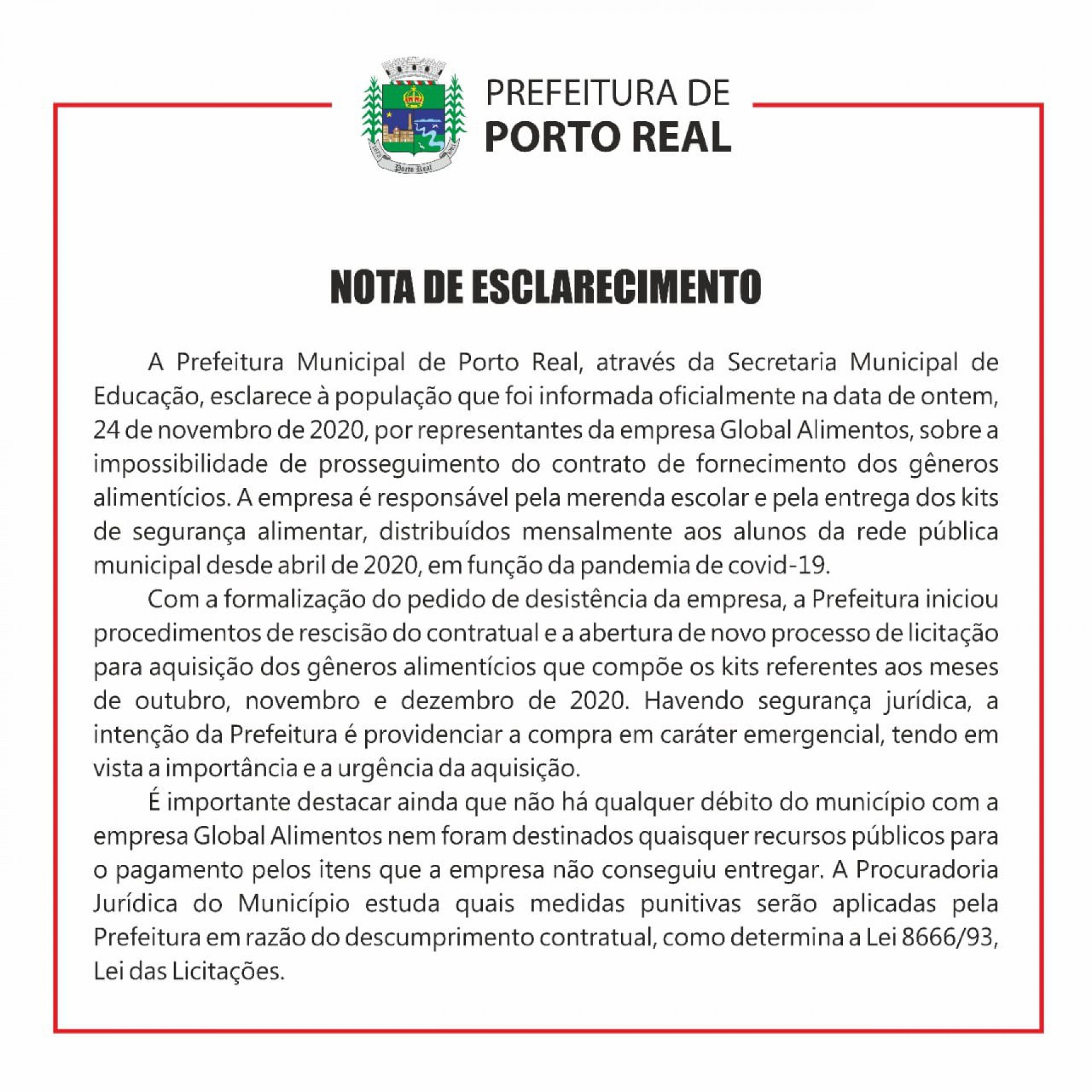 Nota divulgada na página da Prefeitura de Porto Real - Divulgação