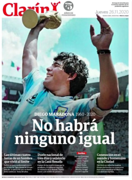 Morte de Maradona foi estampada em edições impressas de jornais