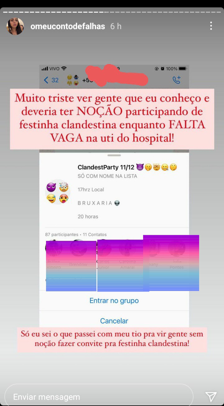 Blogueira, em seu Instagram, gravou um story expondo um print do possível grupo de WhatsApp com as pessoas adicionadas ao evento. - Foto: reprodução internet