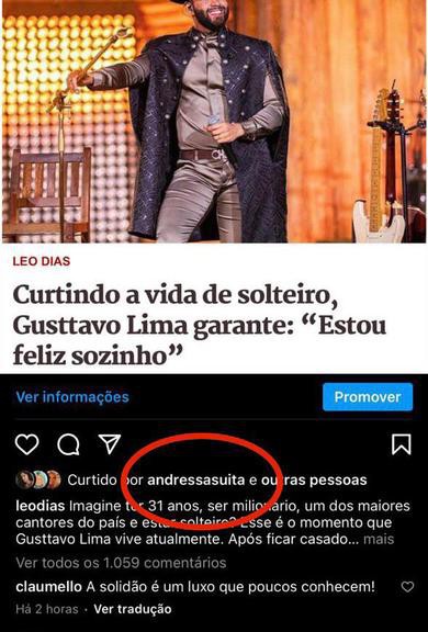Andressa Suita curte matéria sobre Gusttavo Lima - Instagram