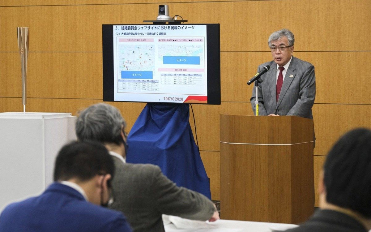 Coletiva de imprensa para anunciar os detalhes dos Jogos Olímpicos de Tóquio-2020, adiados em um ano por causa da pandemia do novo coronavírus - AFP