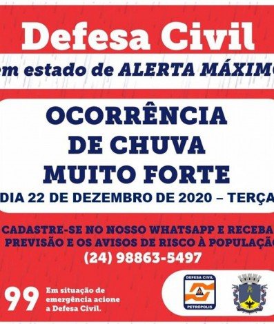 Alerta da Defesa Civil de Petr&oacute;polis - Reprodu&ccedil;&atilde;o
