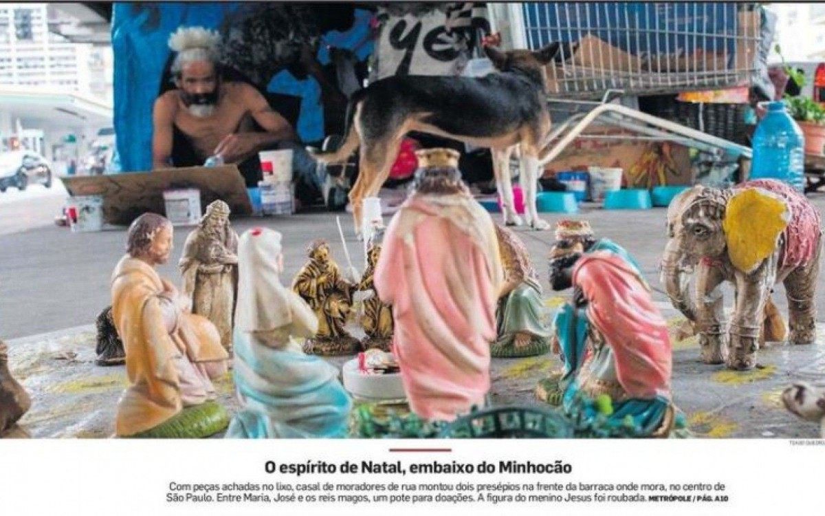 Imagem do presépio feito por moradores em situação de rua ilustra a capa do jornal O Estado de S.Paulo desta sexta - Reprodução 