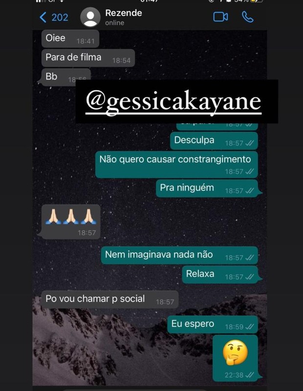 A criadora de conteúdo digital Alice Pradda expôs sua conversa com Rezende