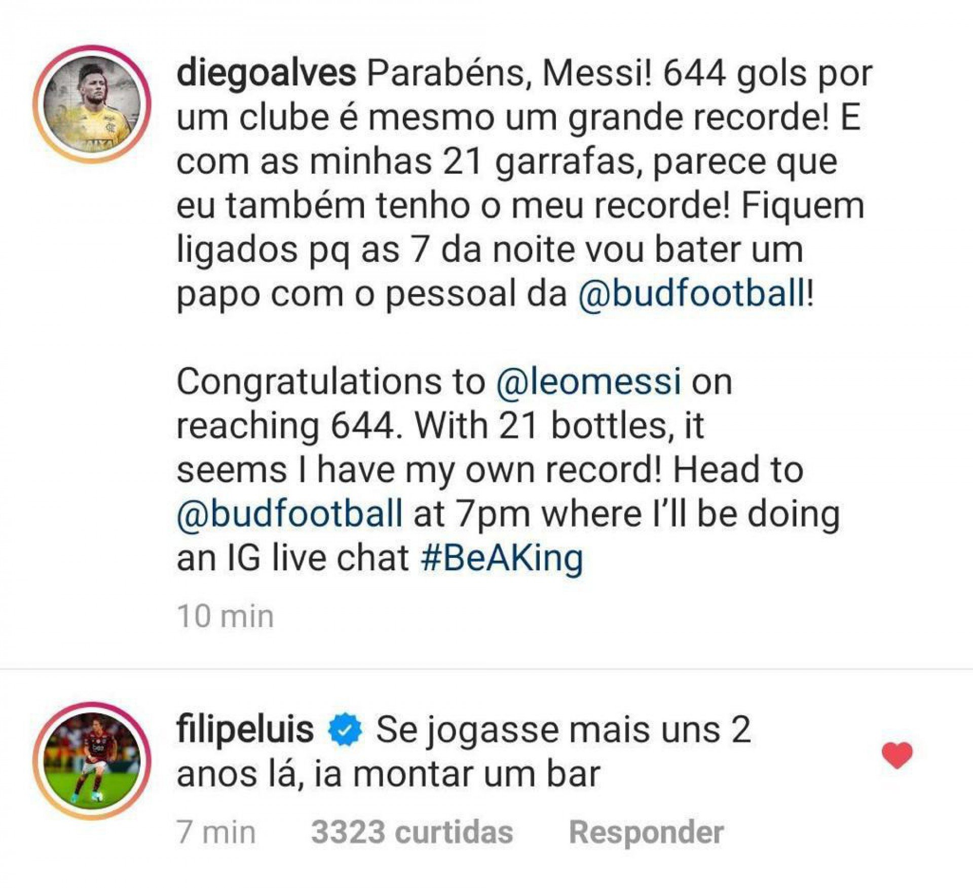 Filipe Luís zoa Diego Alves por cervejas recebidas por gols sofridos de Messi - Reprodução