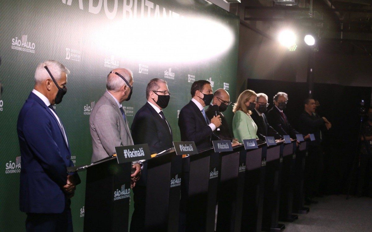 Instituto Butantan e governo de São Paulo durante coletiva que anunciaram eficácia de 78% da vacina CoronaVac, nesta quinta-feira, dia 07 de janeiro 
