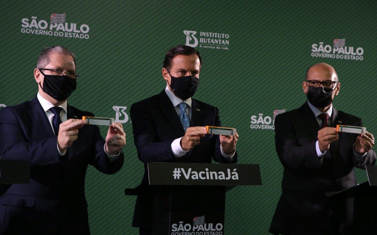 Instituto Butantan e governo de São Paulo durante coletiva que anunciaram eficácia de 78% da vacina CoronaVac, nesta quinta-feira, dia 07 de janeiro 