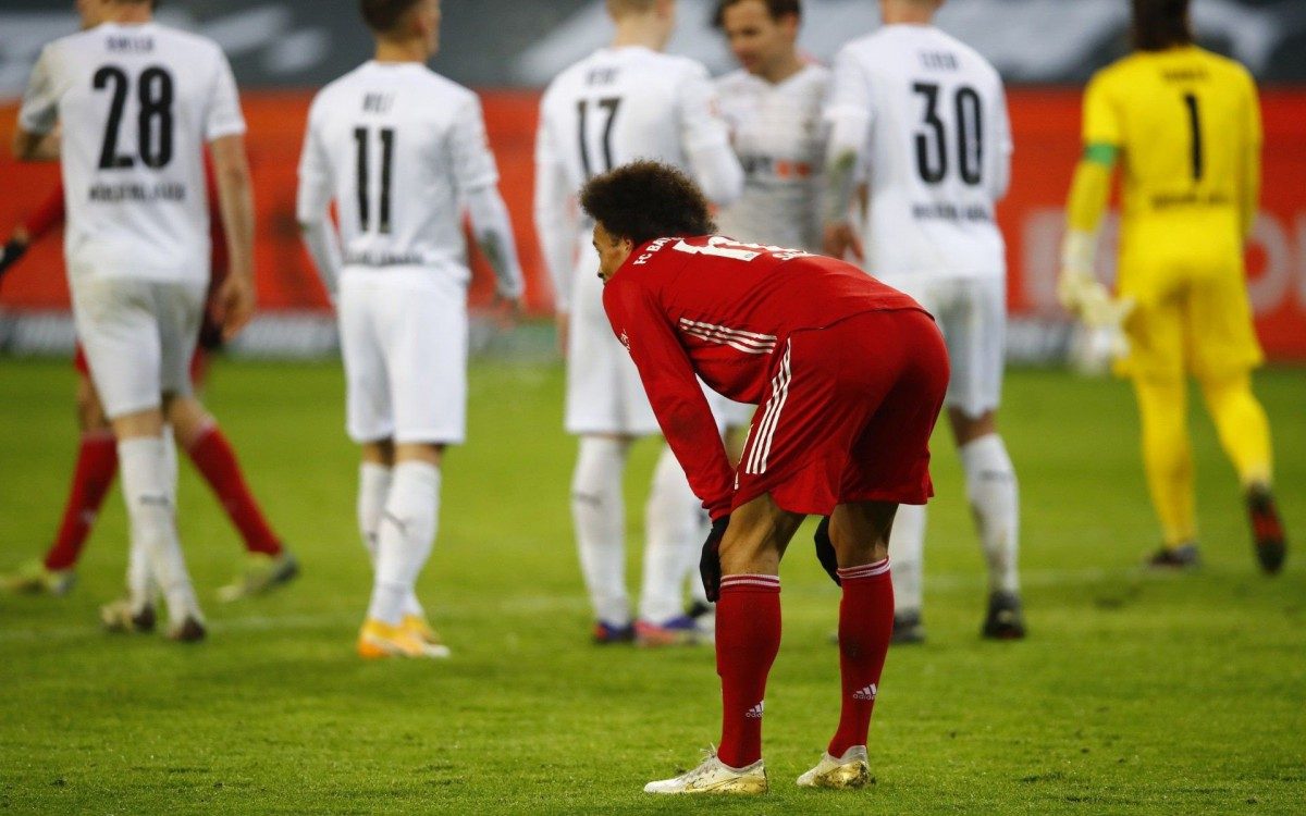 Bayern Munich's German midfielder Leroy Sane reacts after the German first division Bundesliga football match Borussia Moenchengladbach v FC Bayern Munich in Moenchengladbach, western Germany on January 8, 2021. (Photo by WOLFGANG RATTAY / POOL / AFP) / DFL REGULATIONS PROHIBIT ANY USE OF PHOTOGRAPHS AS IMAGE SEQUENCES AND/OR QUASI-VIDEO - AFP