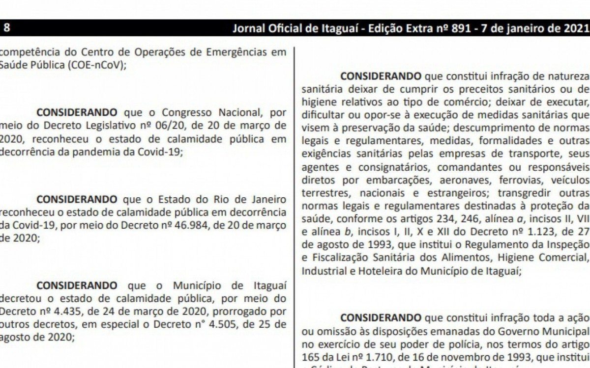 Medidas têm como objetivo evitar a propagação do vírus na cidade, e servem como referência para adequação do comércio - Reprodução internet - Jornal Oficial 891