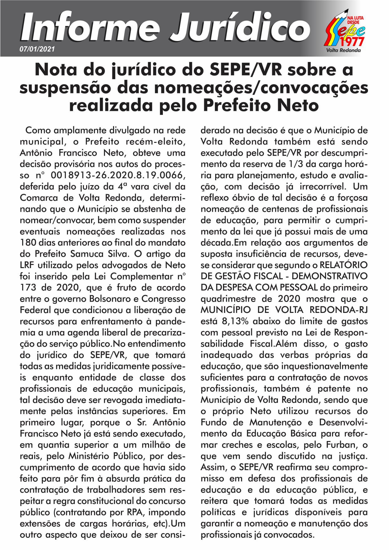 Nota do jurídico do SEPE/VR sobre a suspensão das nomeações/convocações  - SEPE/VR