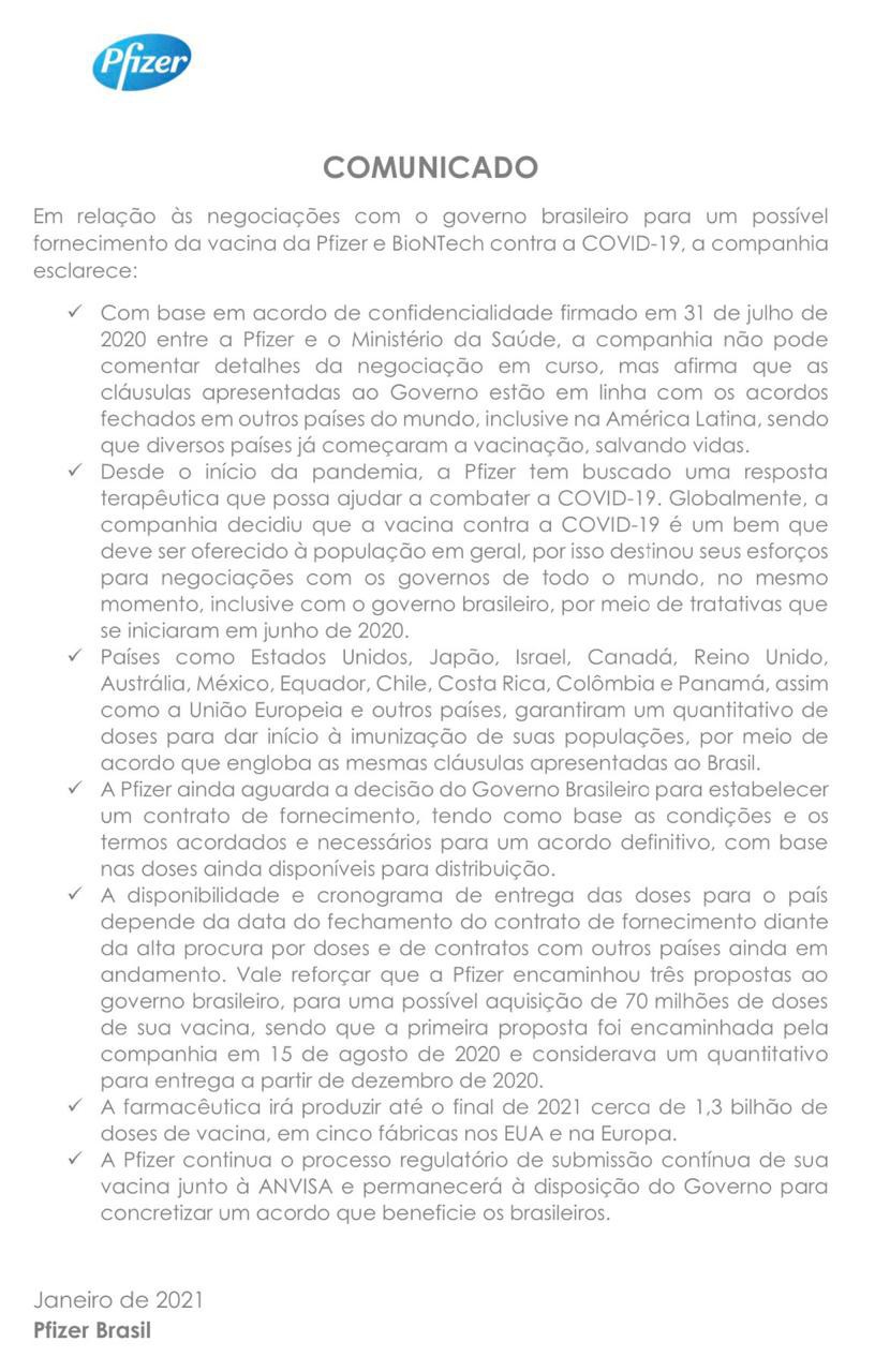 Comunicado divulgado pela farmac&ecirc;utica Pfizer sobre as negocia&ccedil;&otilde;es da venda de doses de seu imunizante ao Brasil - Divulga&ccedil;&atilde;o