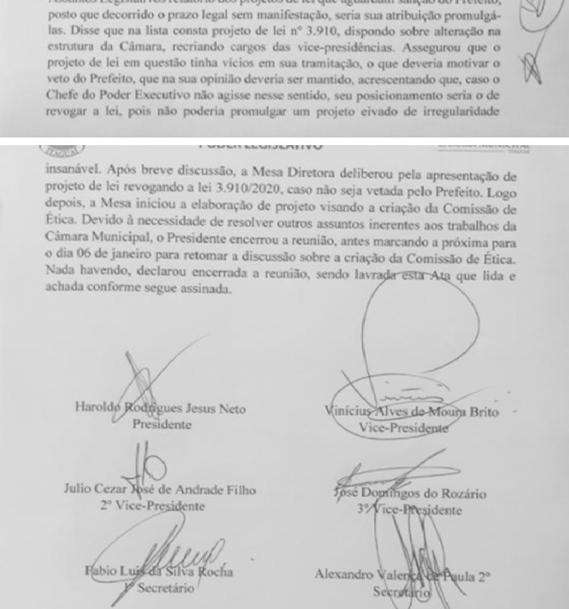 A ata da reunião do dia 4 de janeiro de 2021: vereadores da legislatura atual já tinham concordado com a inadequação da lei - Divulgação - CMI