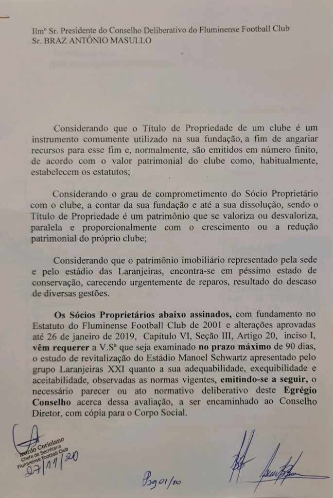 Carta escrita pelos sócios-proprietários do Fluminense - Reprodução
