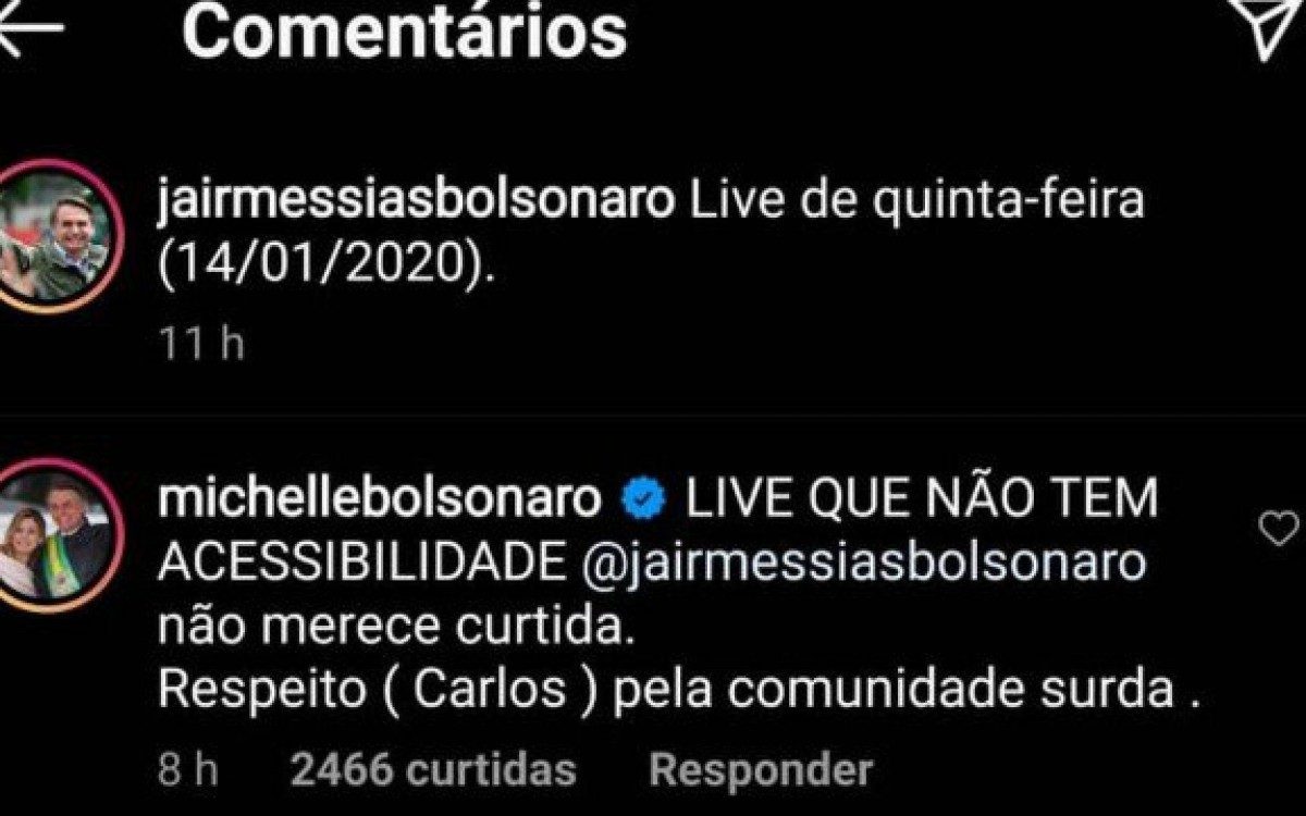 Michelle Bolsonaro critica falta de tradutora em live de Jair Bolsonaro - Reprodu&ccedil;&atilde;o
