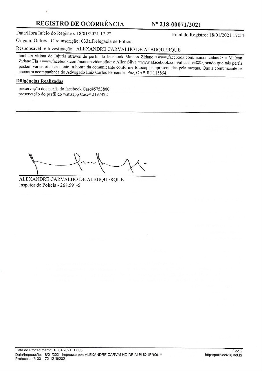 Boletim de Ocorrência de Kassandra  Paz - Reprodução