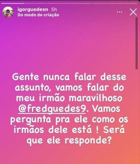 Igor Guedes cobra ajuda de seu irm&atilde;o, o atacante Fred, do Fluminense - Reprodu&ccedil;&atilde;o/Instagram