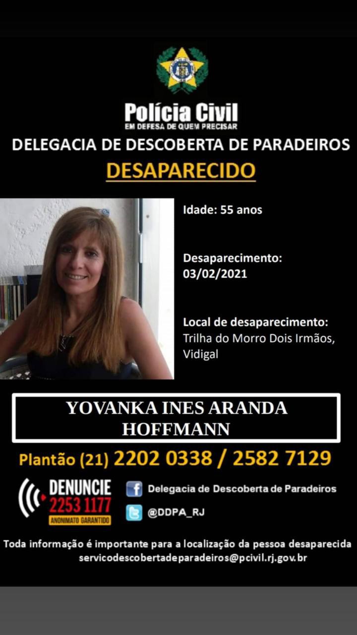 Turista boliviana desapareceu em 3 de fevereiro, no Morro Dois Irm&atilde;os, Vidigal. - Foto: Divulga&ccedil;&atilde;o / Pol&iacute;cia Civil