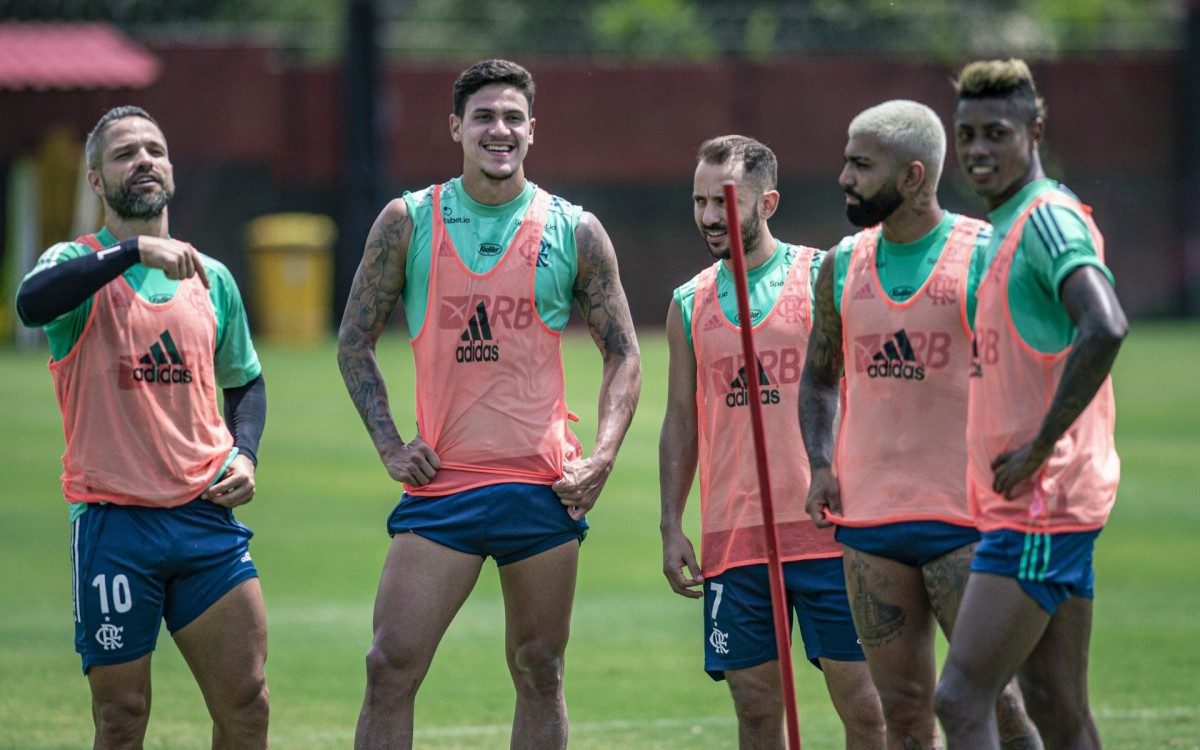 Everton Ribeiro, Gabigol e Bruno Henrique no Ninho do Urubu - Marcelo Cortes / Flamengo / Divulgação