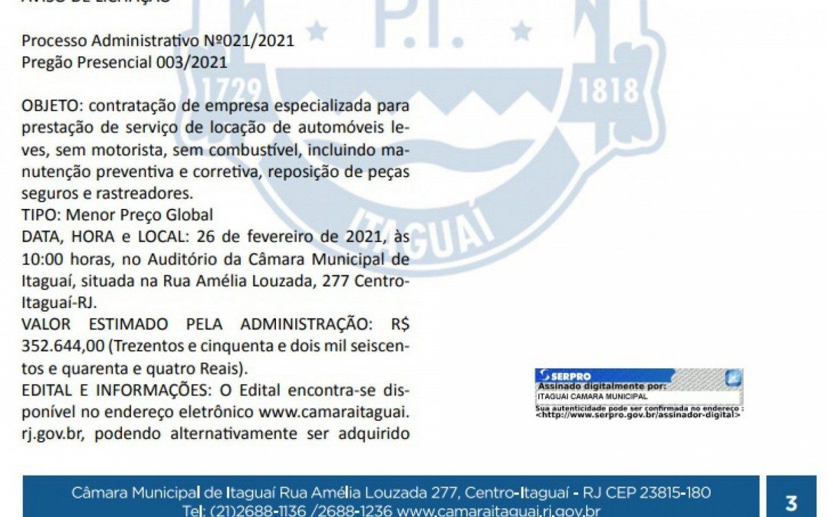O aviso de licitação publicado no Jornal Oficial da Câmara: presidência explica a necessidade depois de protestos nas redes sociais - Reprodução internet