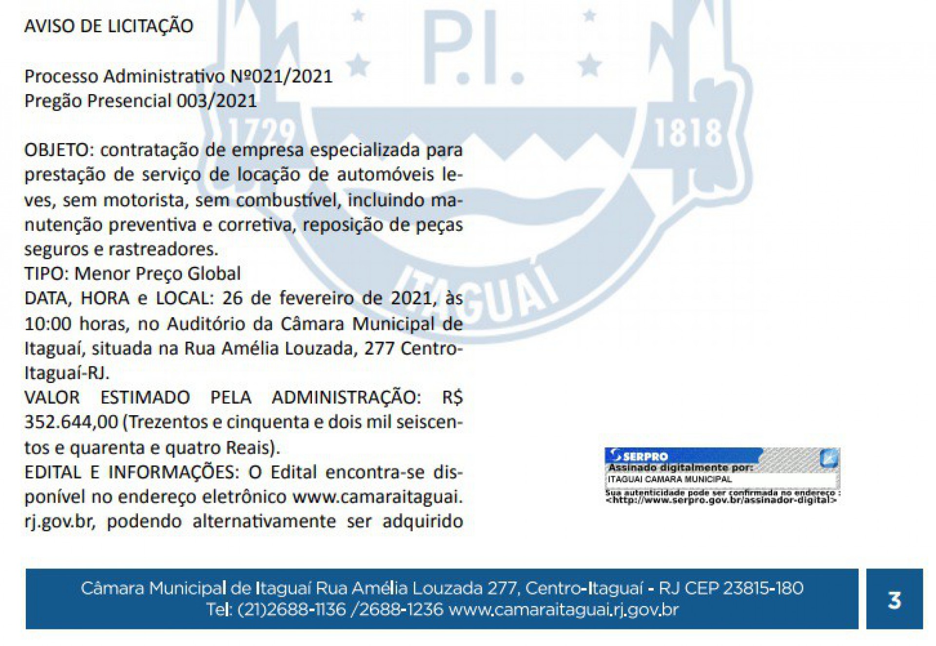 C&acirc;mara de Itagua&iacute; abre licita&ccedil;&atilde;o para aluguel de carros e causa protestos