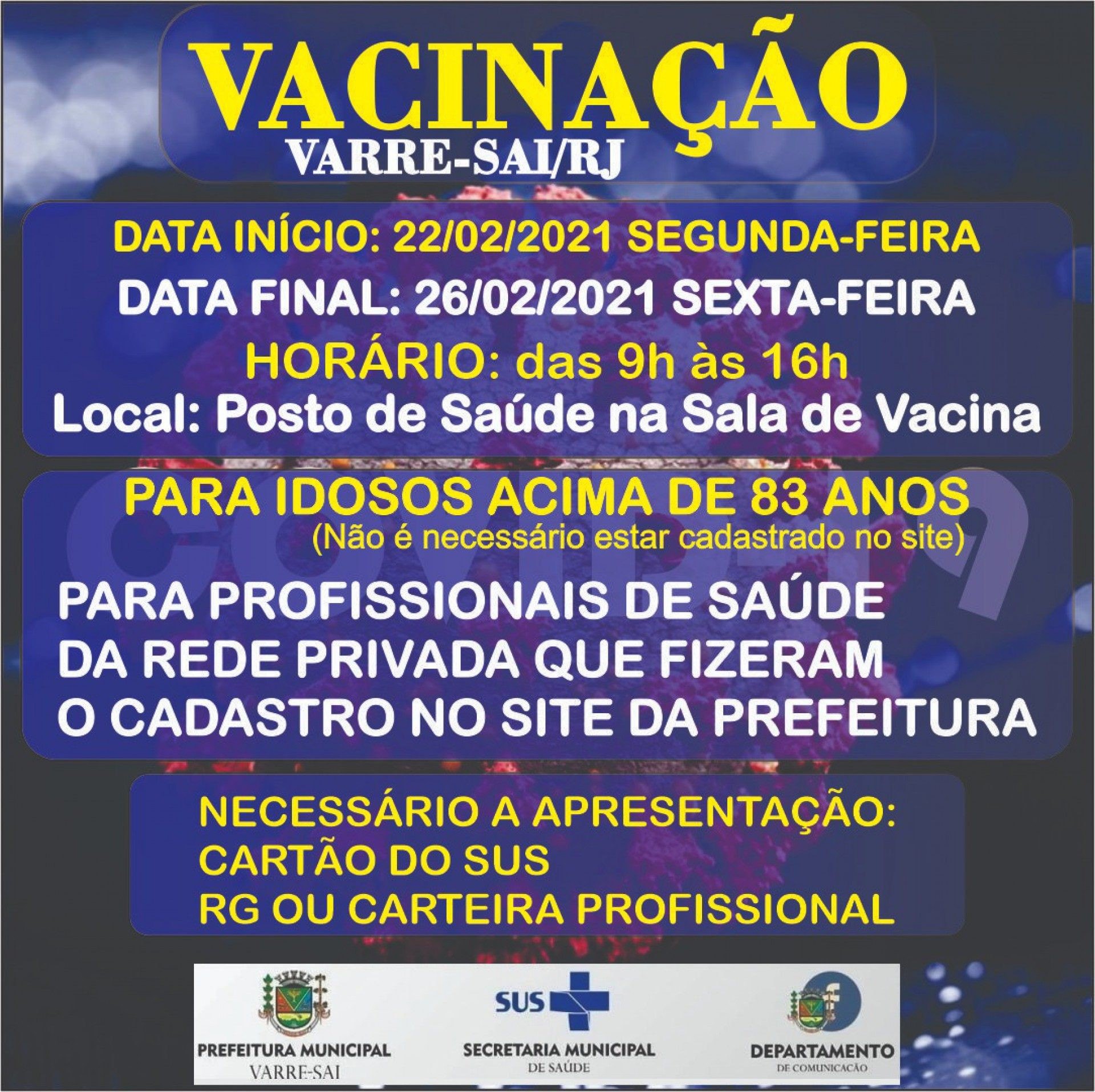 Nova fase da campanha da vacina&ccedil;&atilde;o contra a Covid-19, em Varre-Sai, no Noroeste Fluminense. - Foto: divulga&ccedil;&atilde;o/PMVS