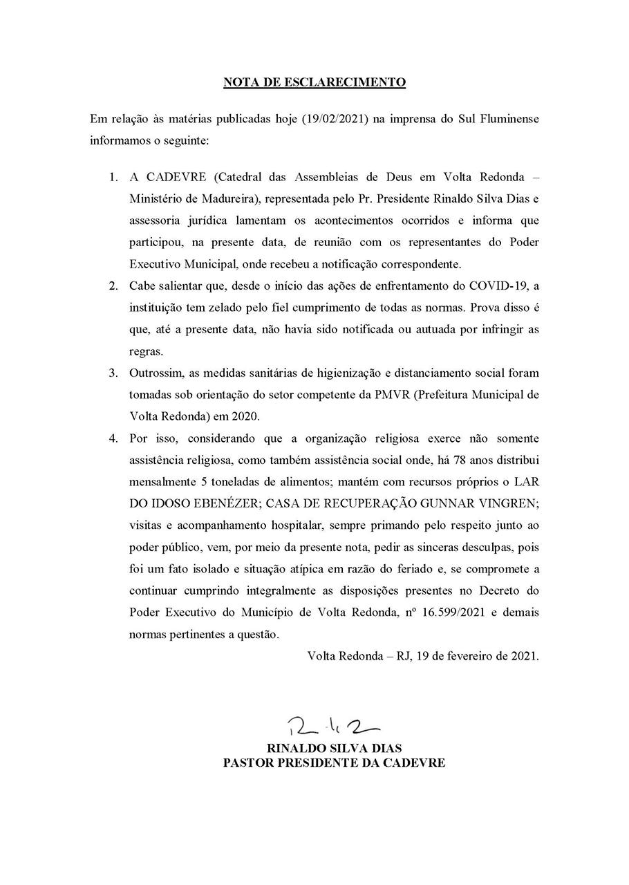Nota de esclarecimento da igreja Assembleia de Deus