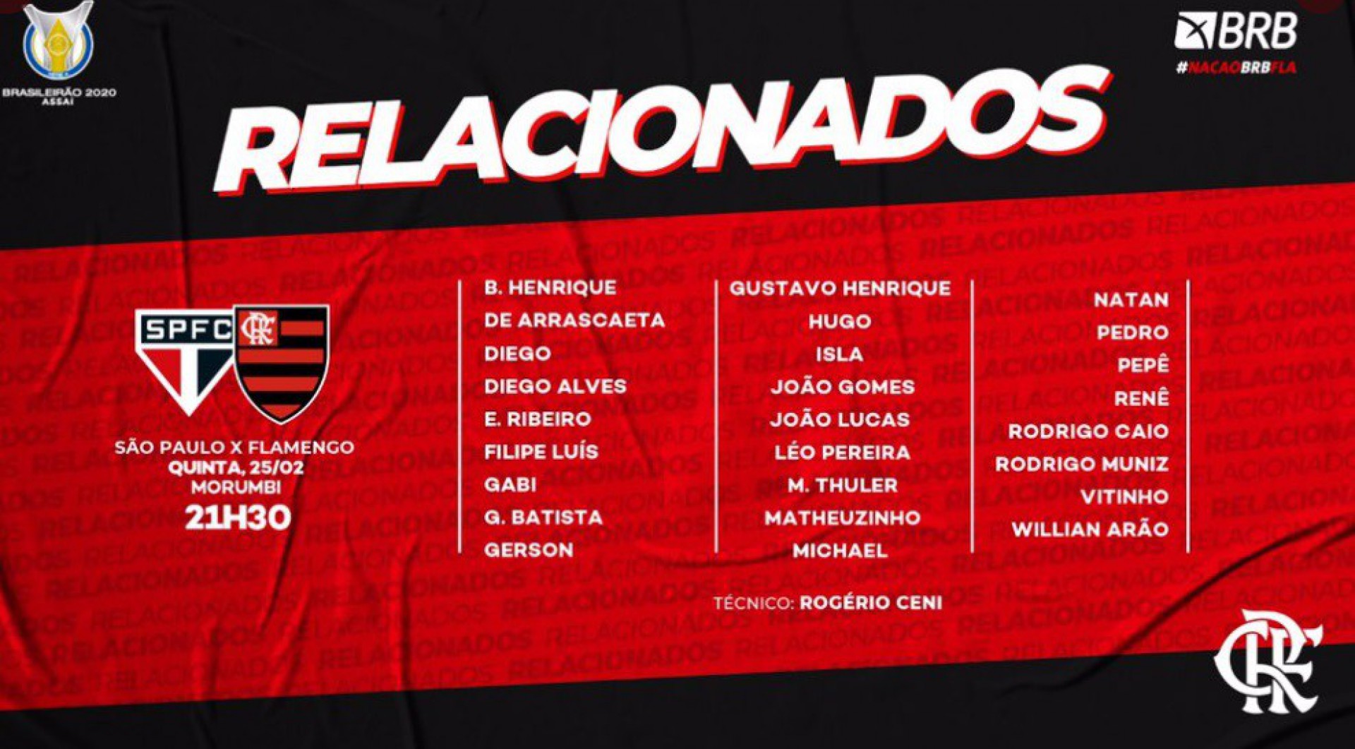 Com Diego Alves e Willian Arão, Flamengo divulga relacionados para encarar o São Paulo