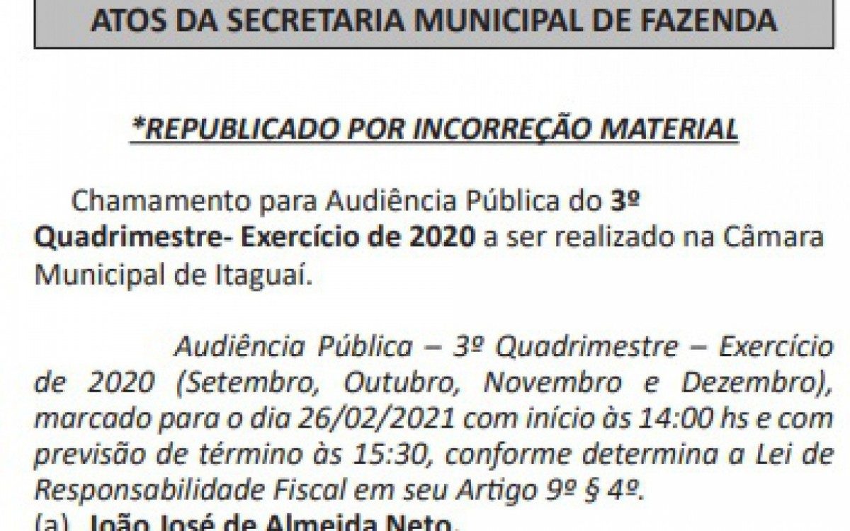 A publicação do aviso sobre a audiência pública foi no Jornal Oficial edição 907, com republicação na edição seguinte - Reprodução internet - Jornal Oficial