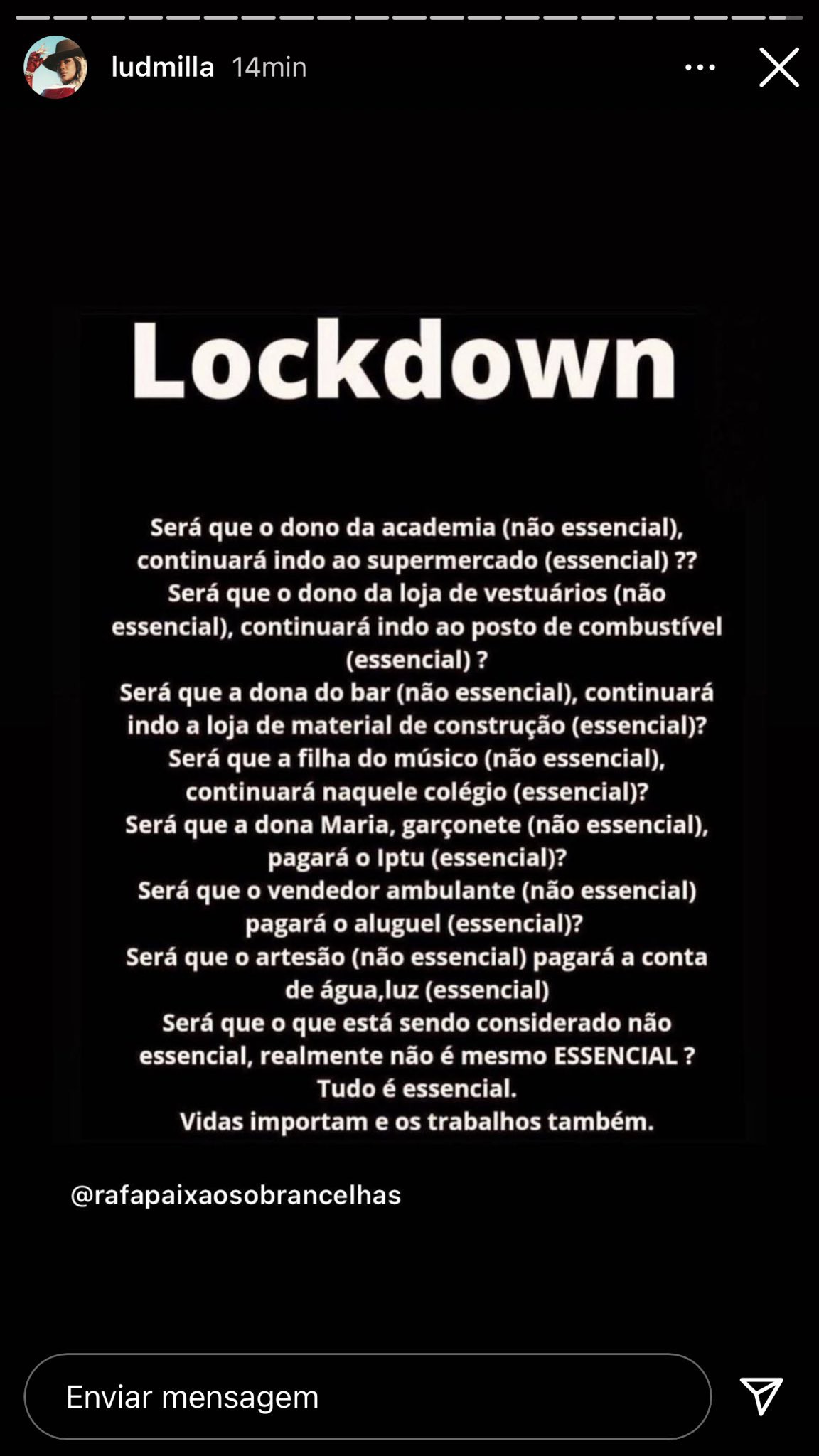 Ludmilla posta crítica ao lockdown e depois volta atrás e apaga  - Reprodução Instagram 