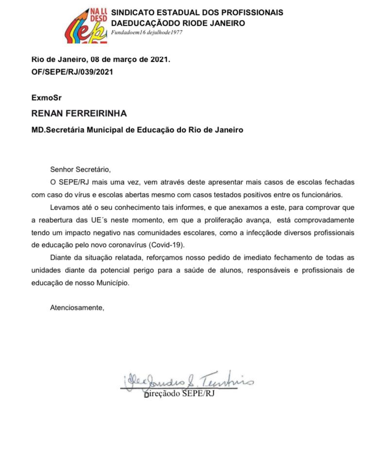 Ofício do Sepe enviado a Renan Ferreirinha, secretário municipal de Educação - Reprodução