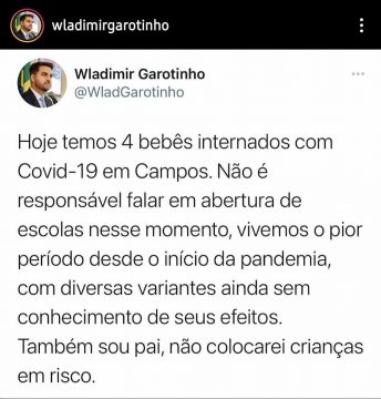 Wladimir Garotinho tem usado as redes sociais para alertar à população sobre o agravamento da pandemia e a necessidade de manter o distanciamento social.