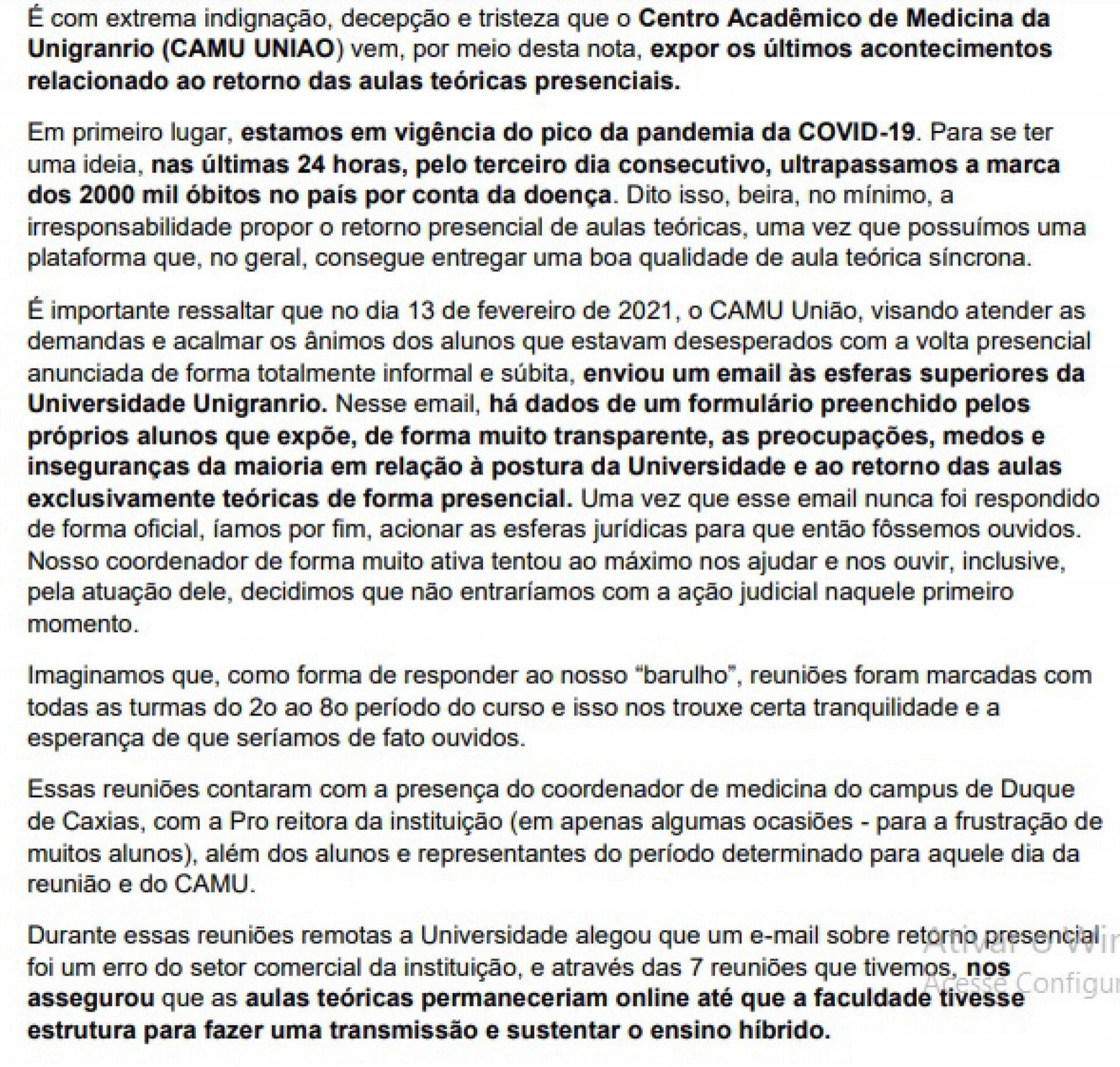 Documento do Centro Acadêmico de Medicina enviado à direção - Arquivo Pessoal 